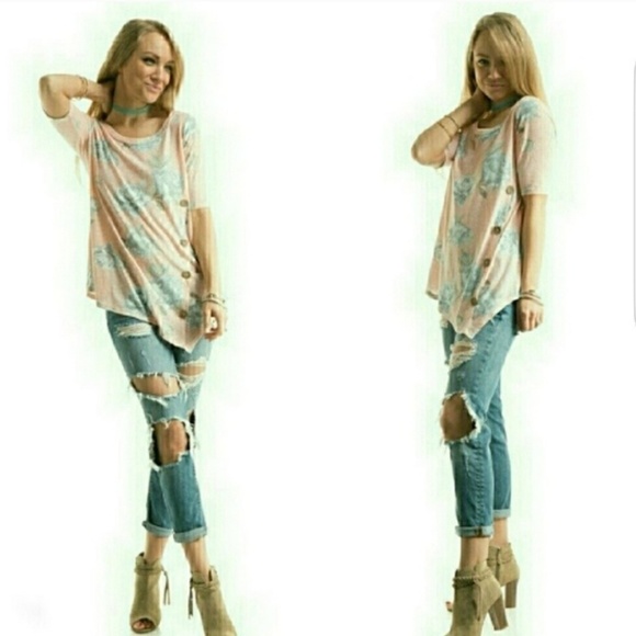 Short sleeved asymmetrical floral tee Pink Grey - Picture 2 of 3